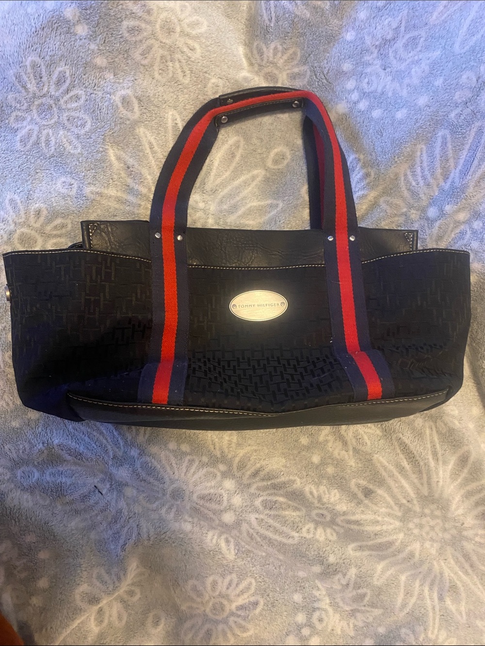 Tommy Hilfiger Black Tote with Red & Navy Webbed Straps